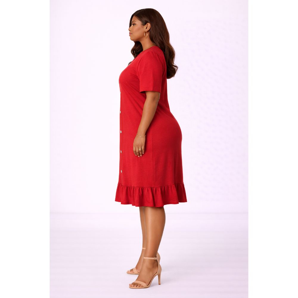 Red Button Detail Mini Dress with Ruffle Hem